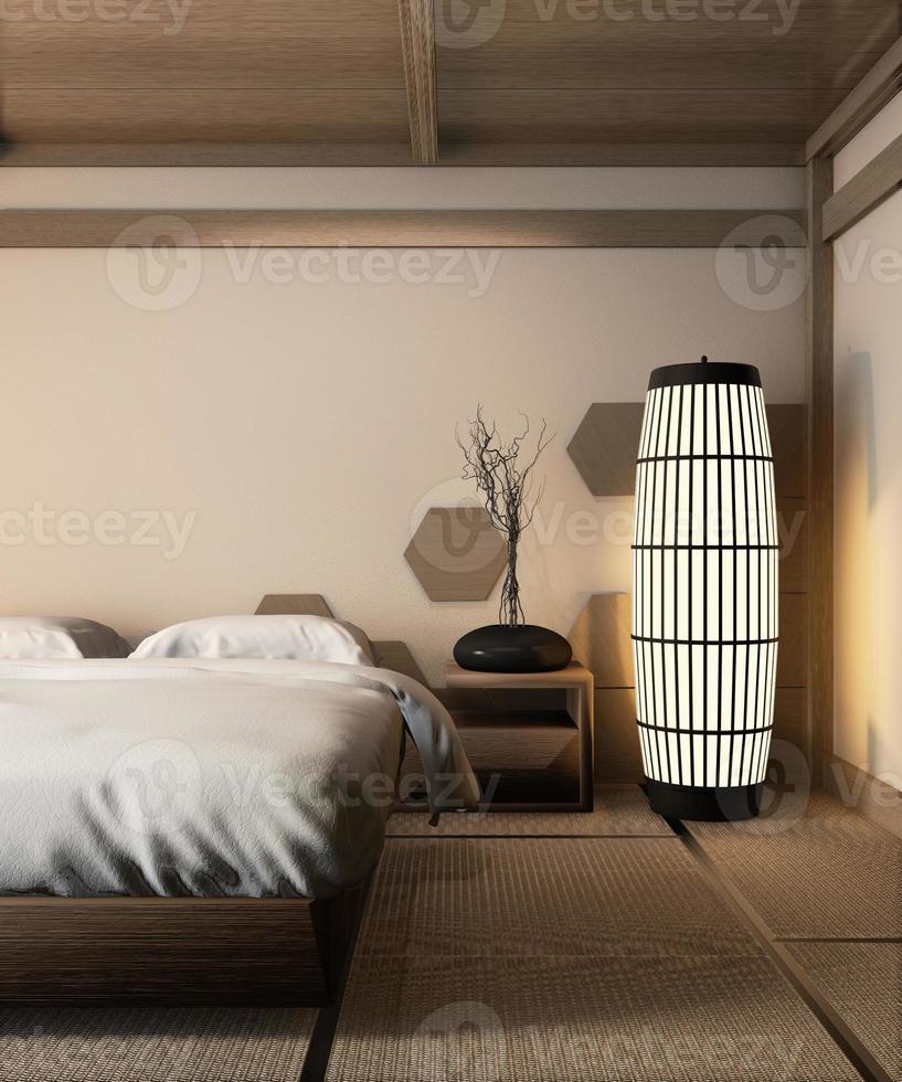 Wooden bed japanese style and zen lamp on tatami mat design hexagon wooden tiles wall.3D rendering photo