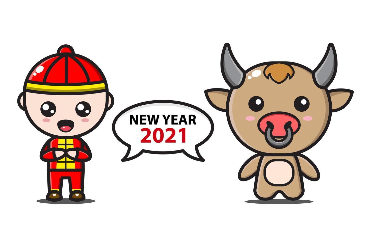 chinese boy and ox say new year 2021 vector