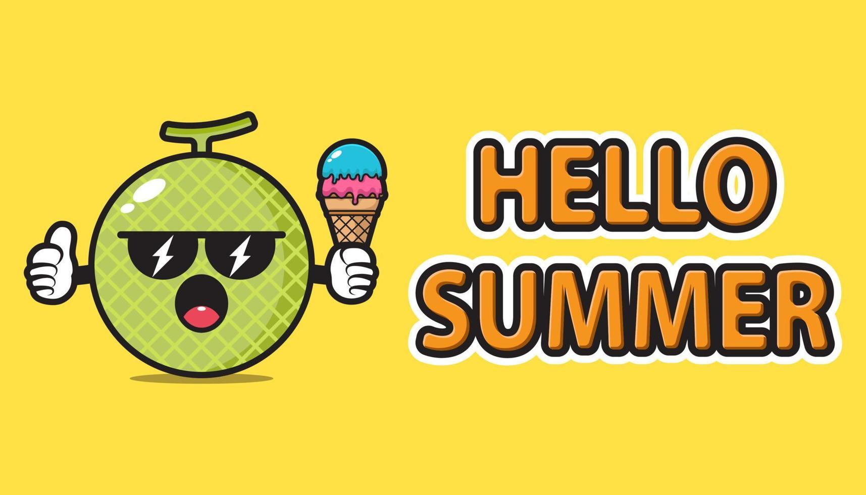 melon mascot wearing sunglasses and holding ice cream with hello summer greeting banner vector