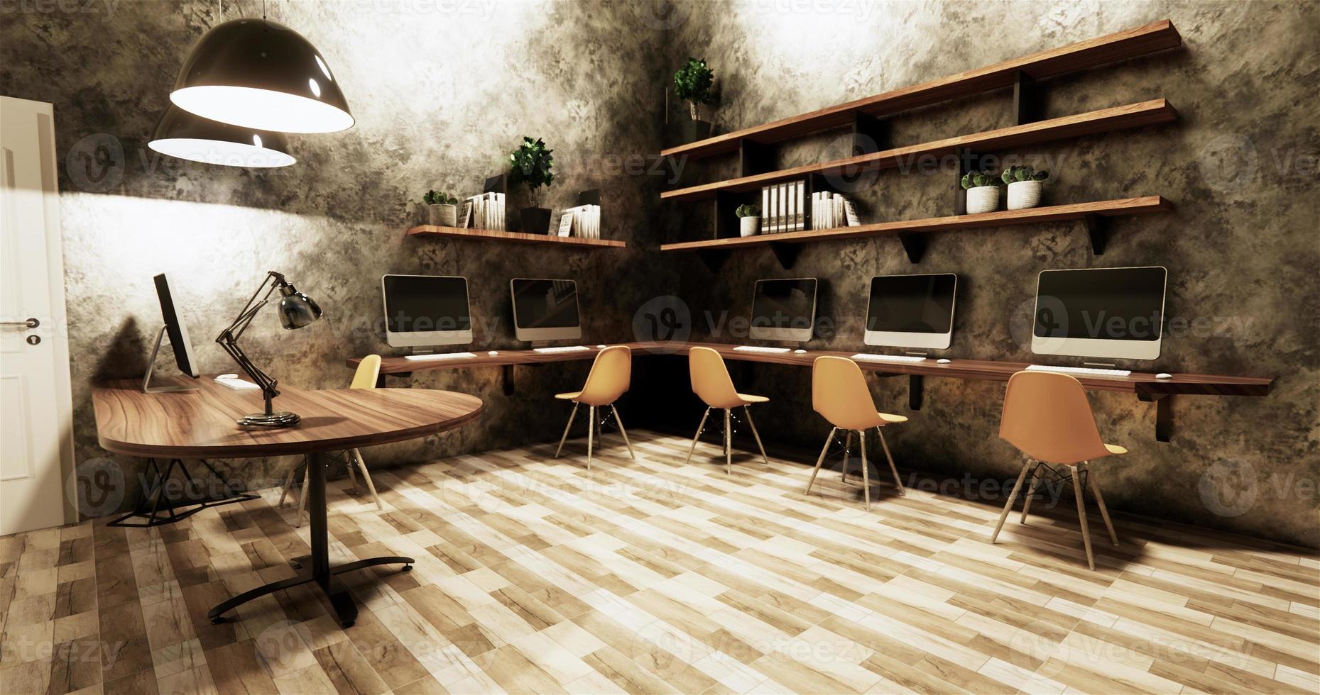 Office studio loft style interior design concrete wall gray glossy on wooden tiles.3D rendering photo