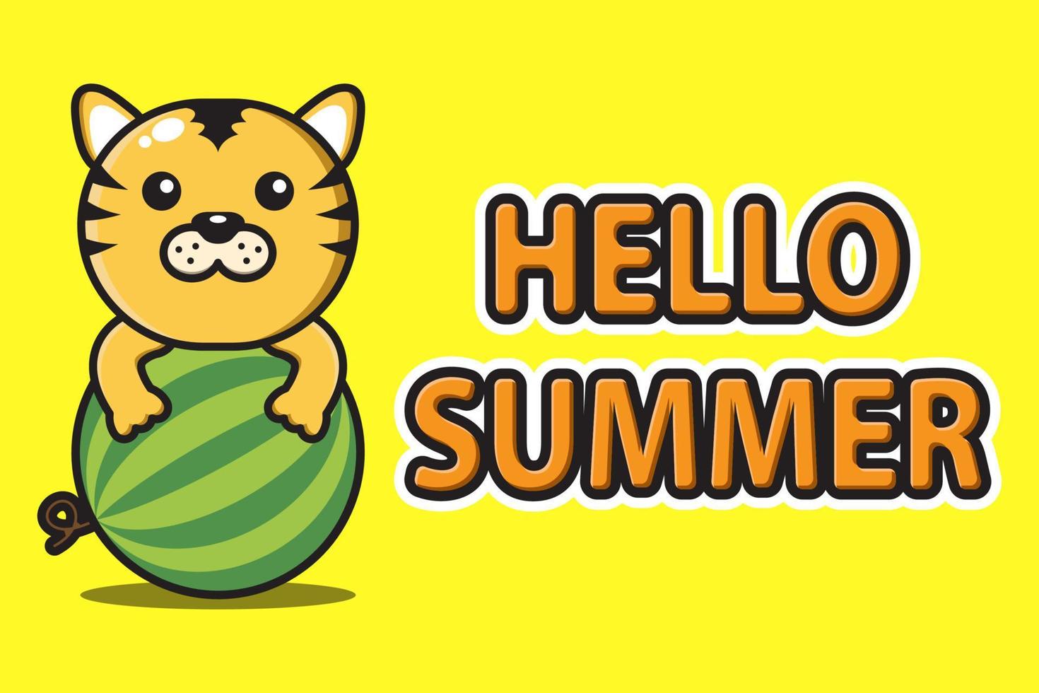 cute mascot rooster hugging watermelon with hello summer greeting banner vector