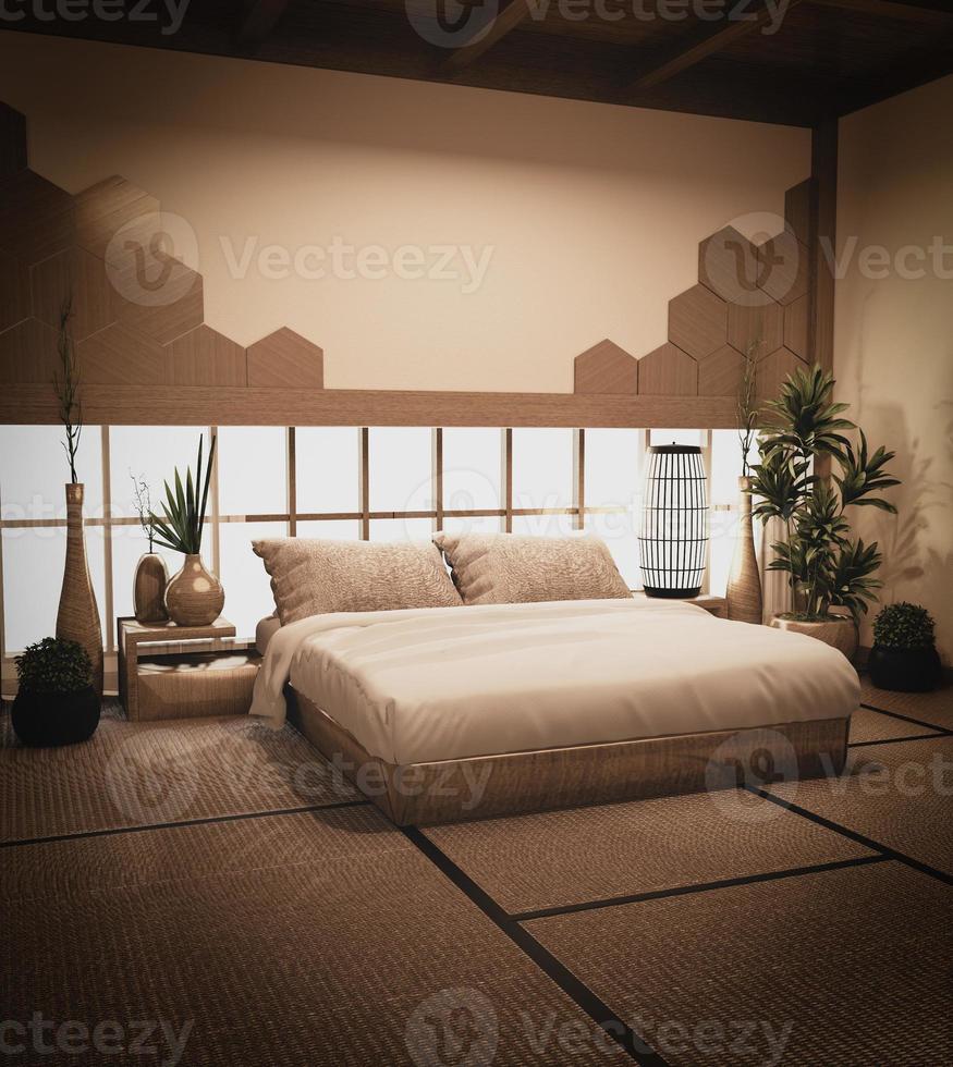 dormitorio estilo japonés y diseño de paredes azulejos hexagonales de madera, cama de madera y decoración en tatami representación 3d foto