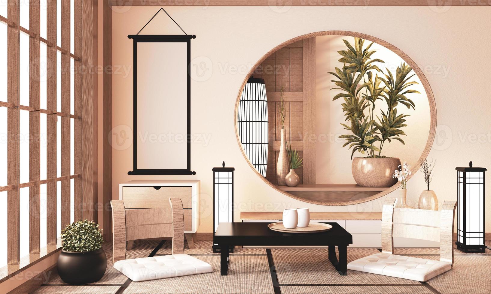 Ryokan very zen room with wall wooden shelf design and tatami floor, room earth tone.3D rendering photo