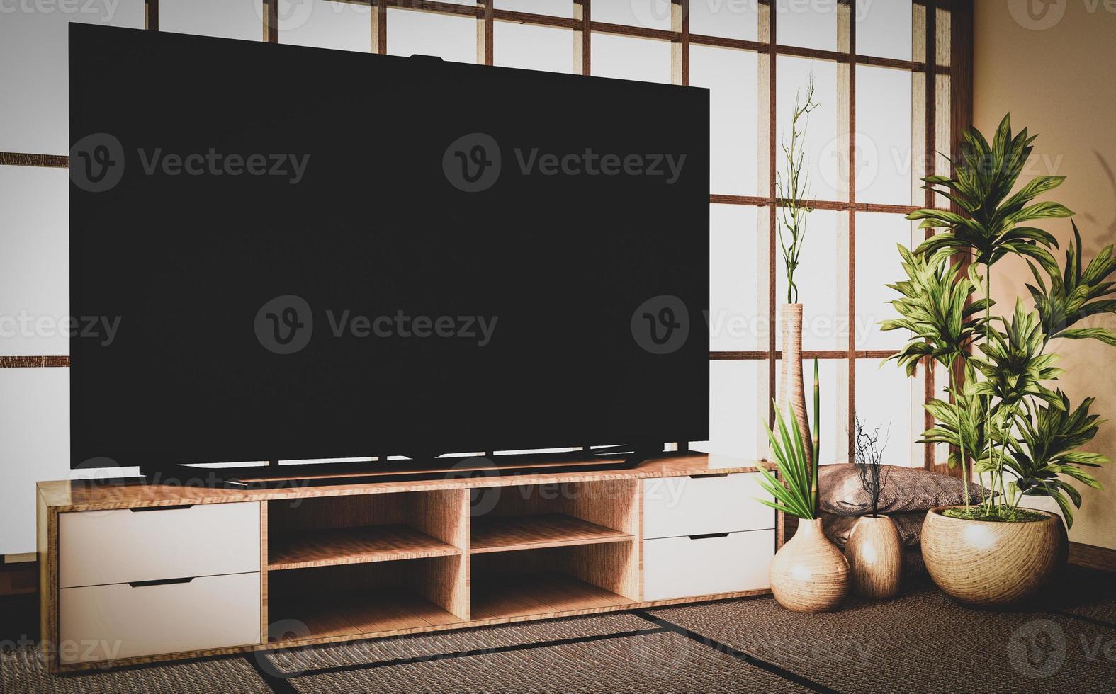 Old style, Mock up smart Tv on wooden cabinet design in room japanese style on floor tatami mat.3D rendering photo