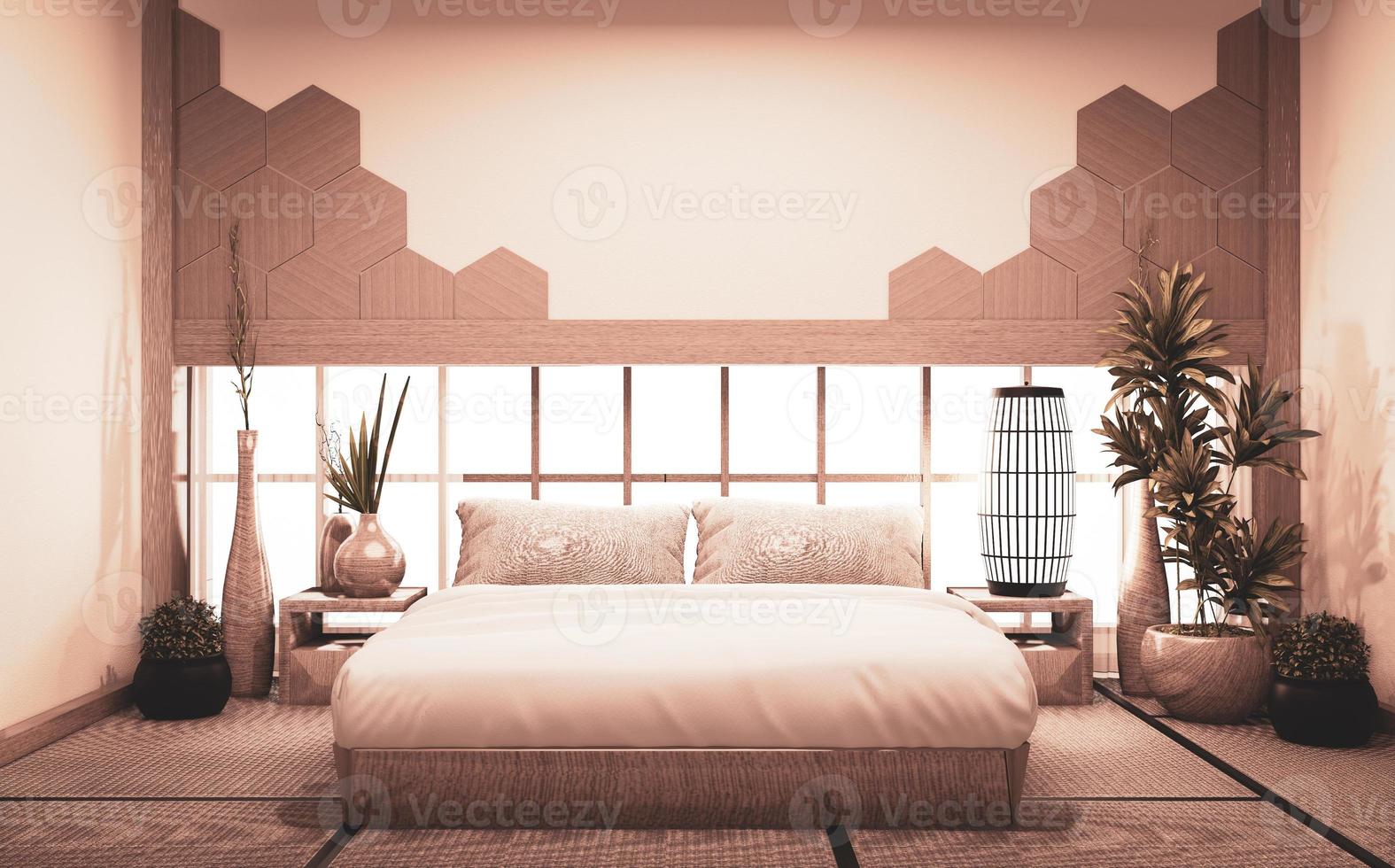 dormitorio estilo japonés y diseño de paredes azulejos hexagonales de madera, cama de madera y decoración en tatami representación 3d foto
