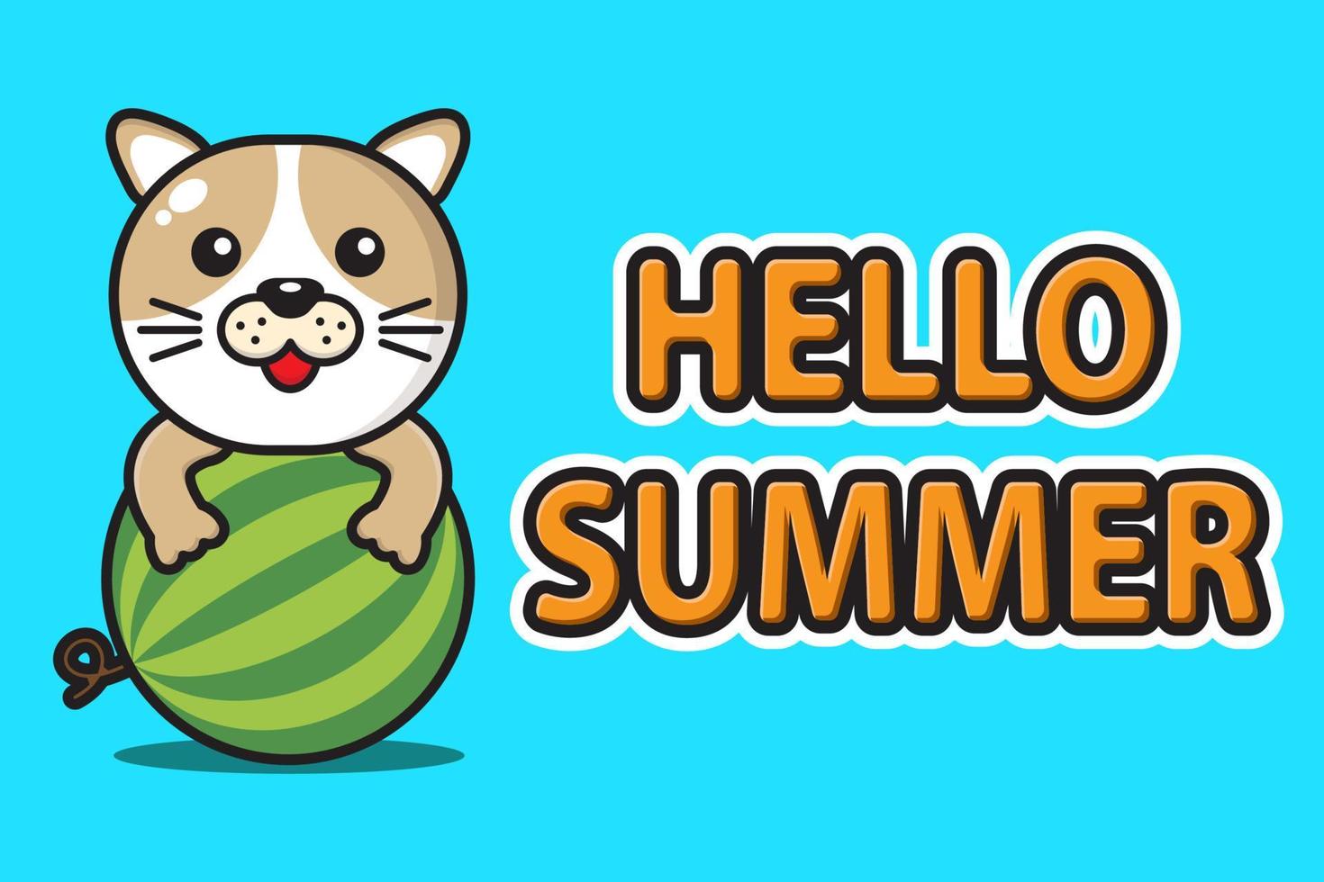 cute mascot dog hugging watermelon with hello summer greeting banner vector