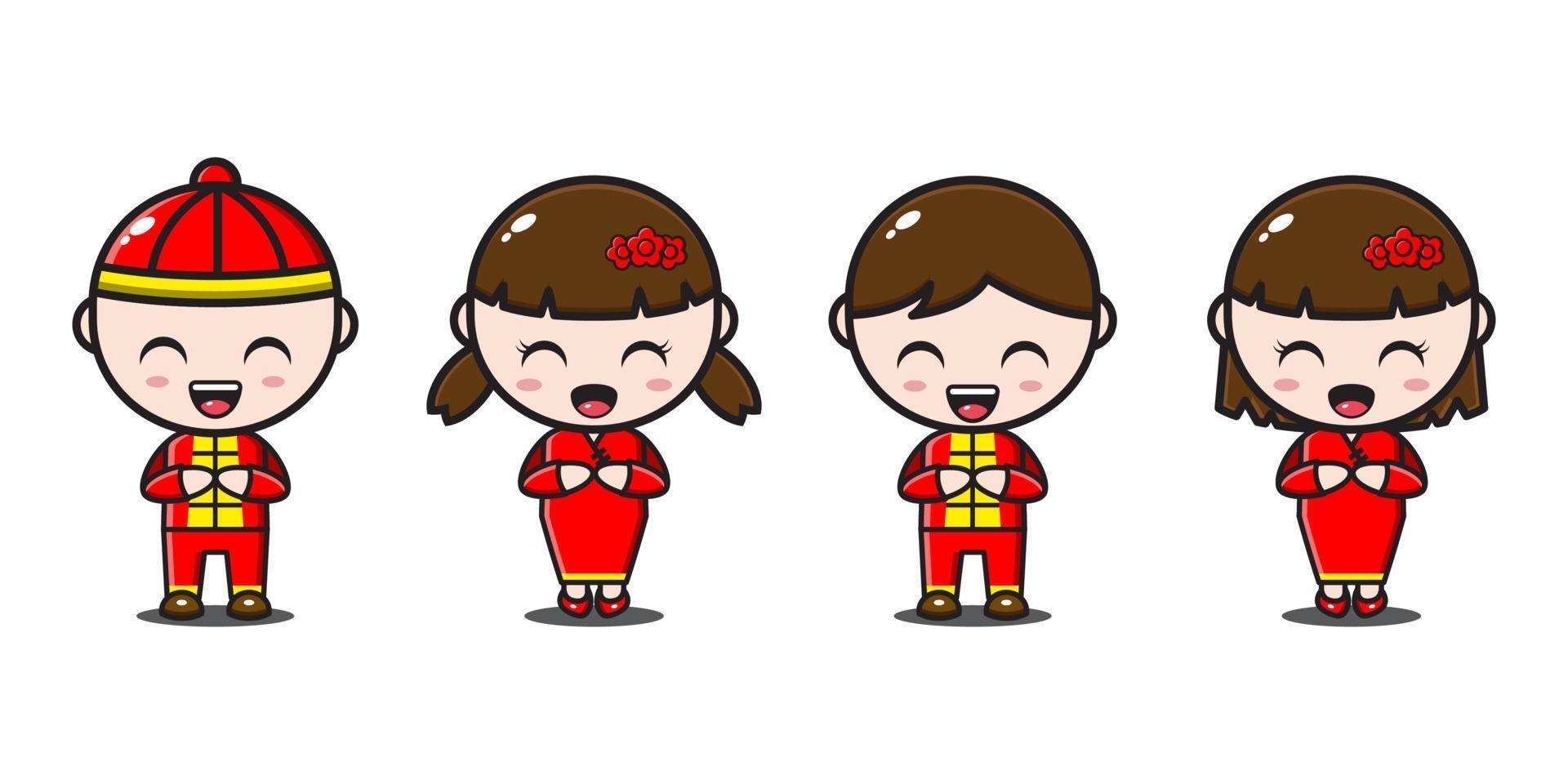 cute chinese couples in red chinese new year outfits vector