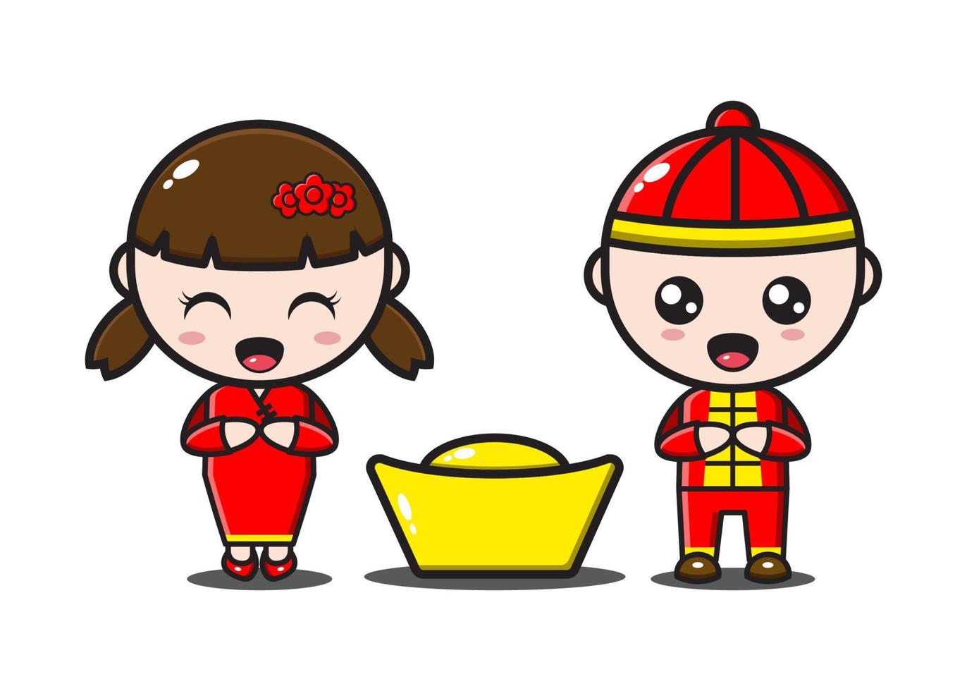 cute chinese couple with gold in chinese new year vector