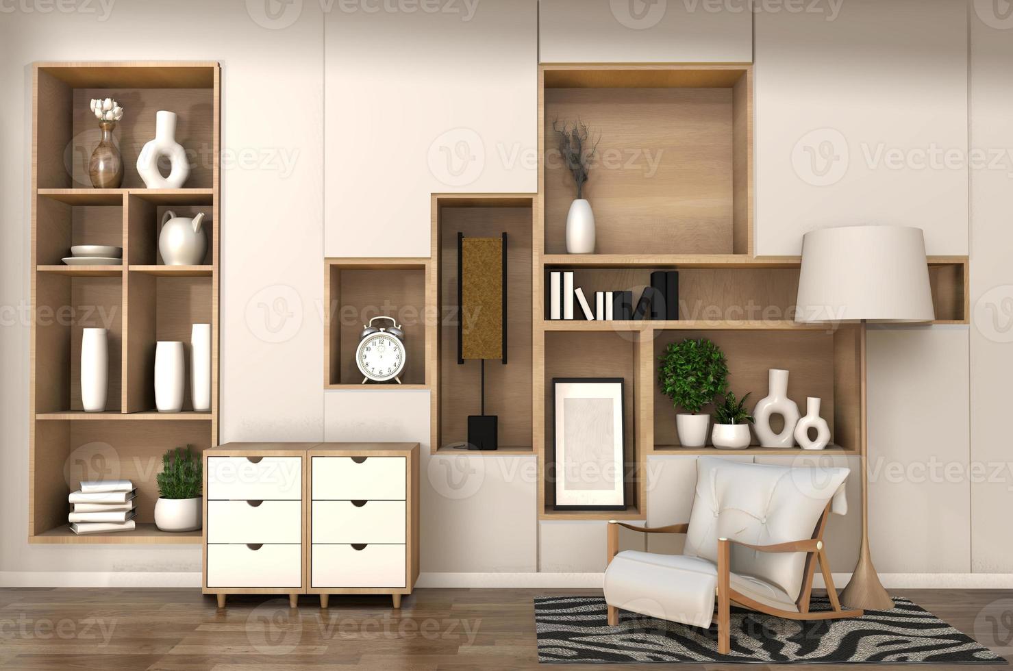 wooden cabinet on room shelf wall minimalist and japanese interior of zen living room.3d rendering photo