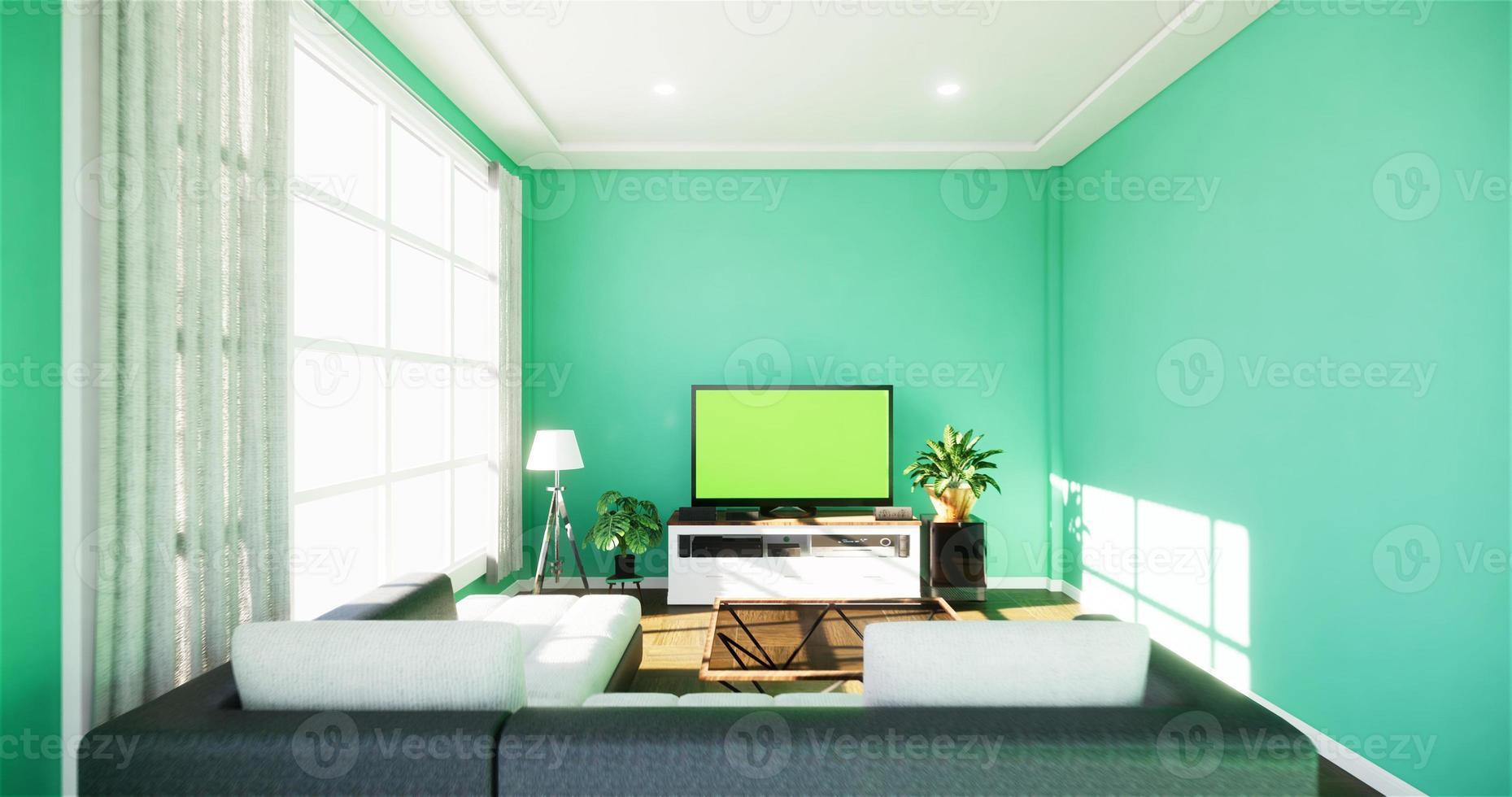 Smart Tv with blank black screen hanging on cabinet design, modern living room with mint wall on white wooden floor. 3d rendering photo