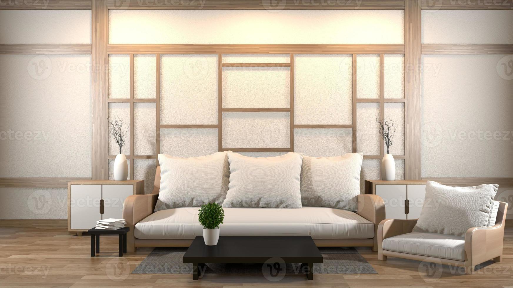 interior design zen living room with low table,pillow,frame,lamp on wood floor.3D rendering photo