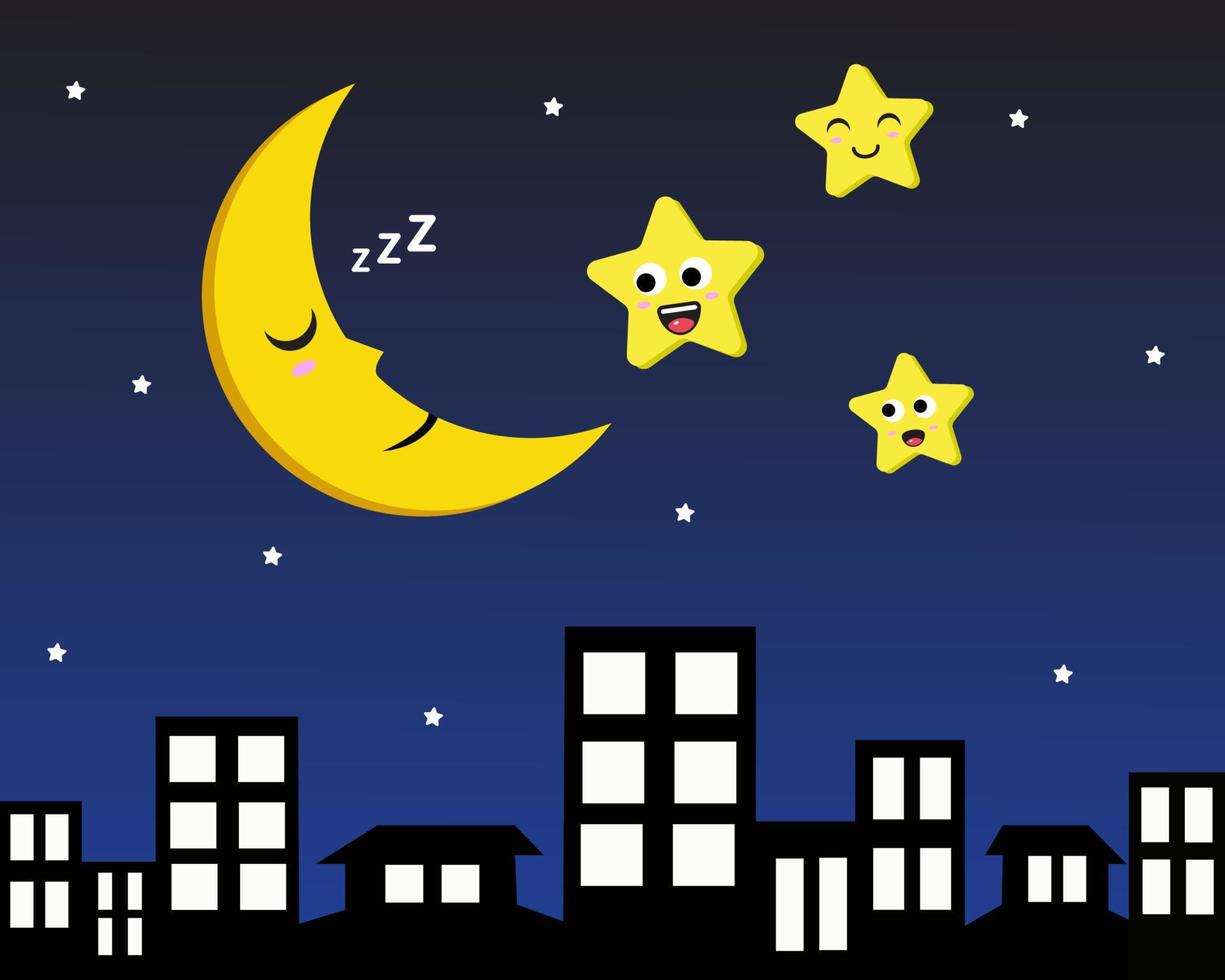 sleepy moon and smile stars illustration vector