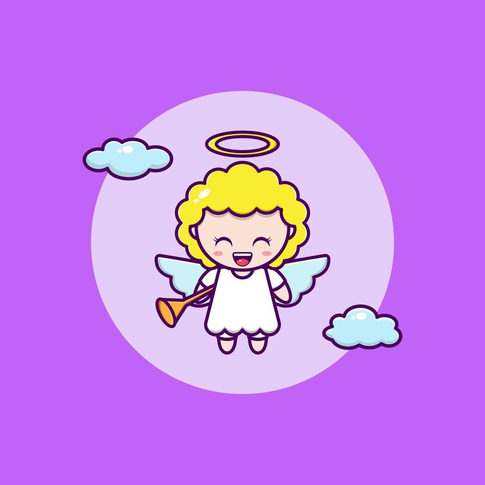 cartoon illustration of cute angel flying with trumpet vector