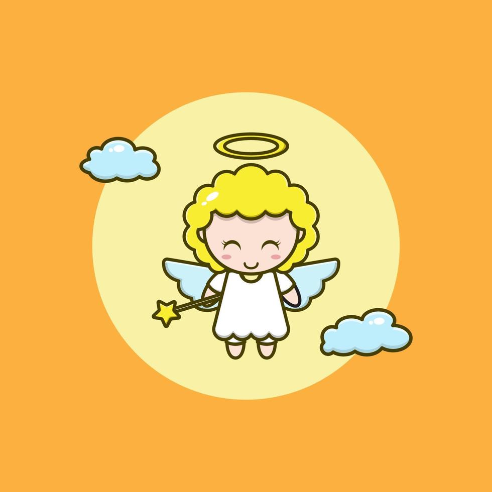 cartoon illustration of a cute angel holding a flying star stick vector