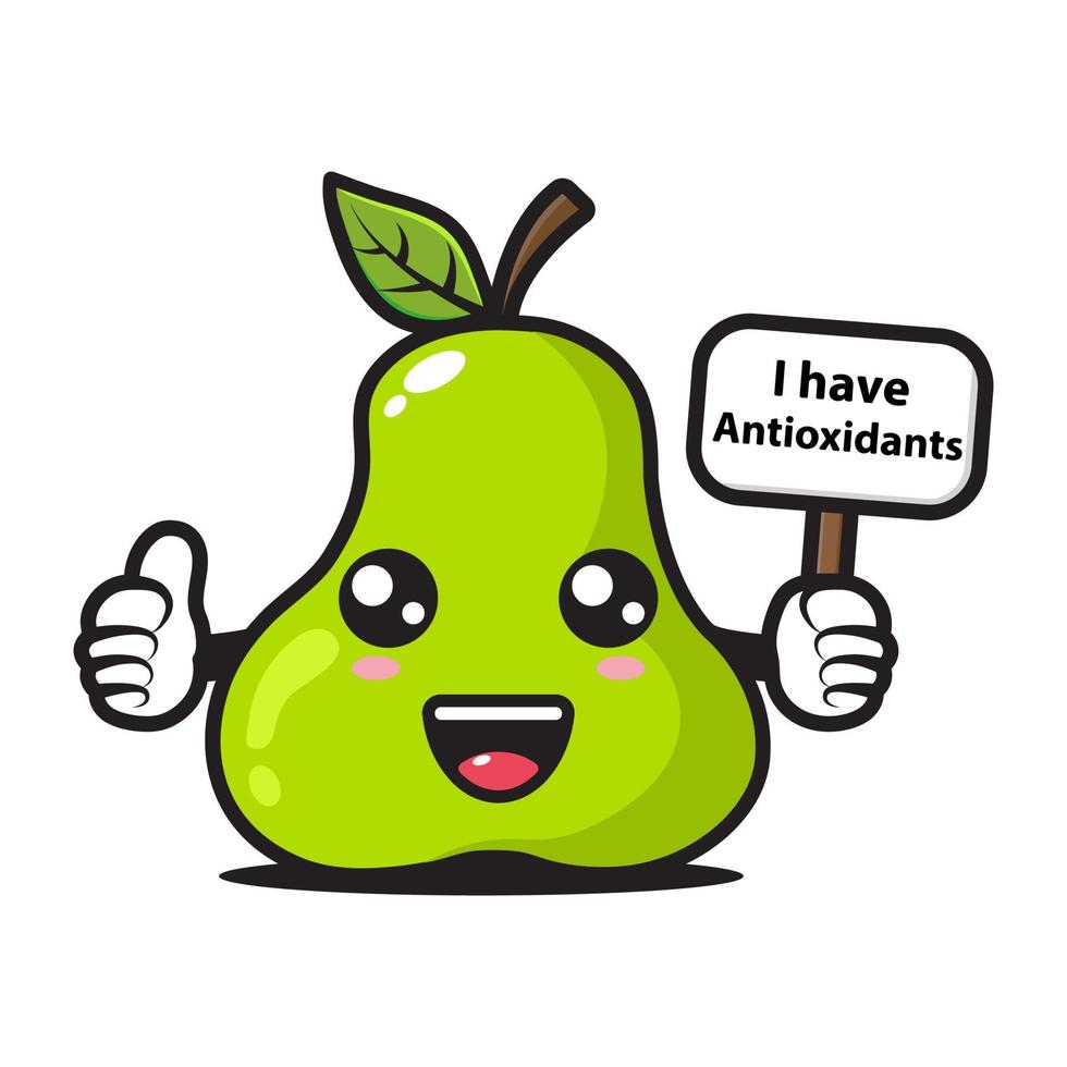cute pear mascot holding a sign saying I have antioxidants vector