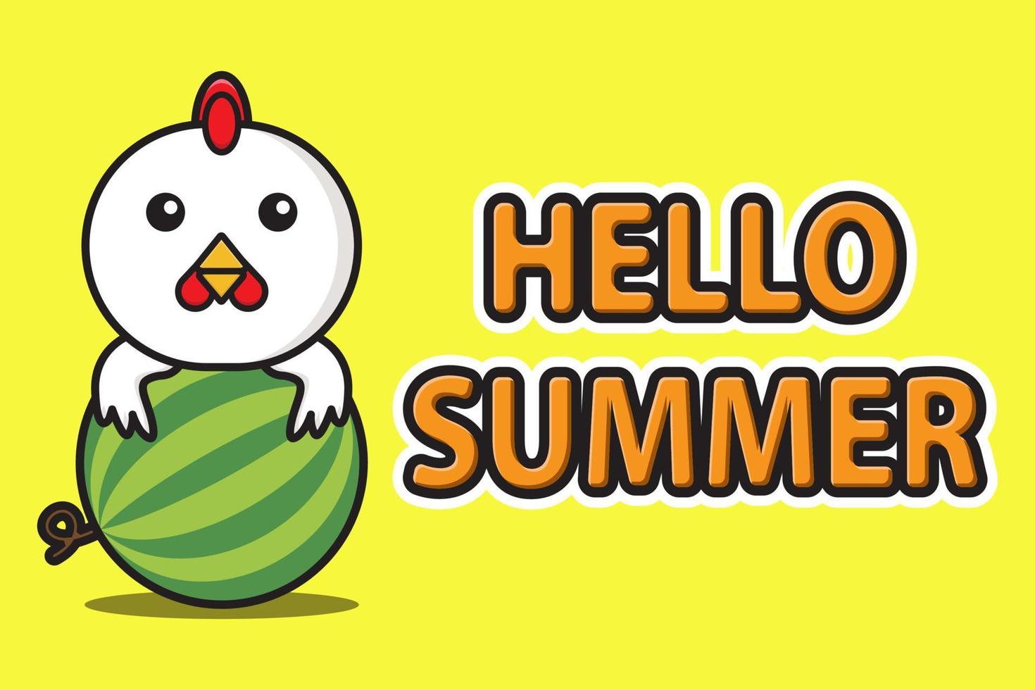 linda mascota gallo abrazando sandía con pancarta de saludo hola verano vector