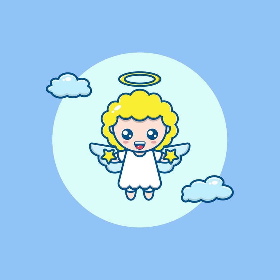 cartoon illustration of a cute angel holding a star and flying vector