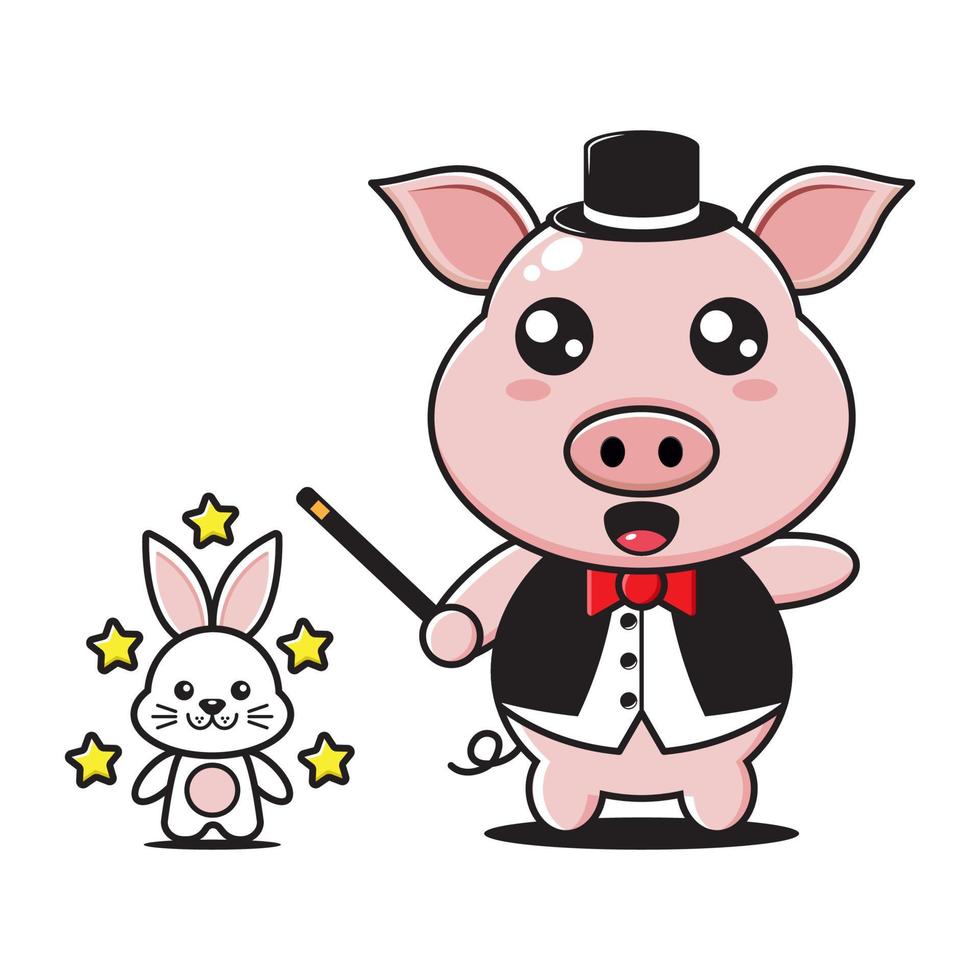 cute pig magician mascot with rabbit in white background vector