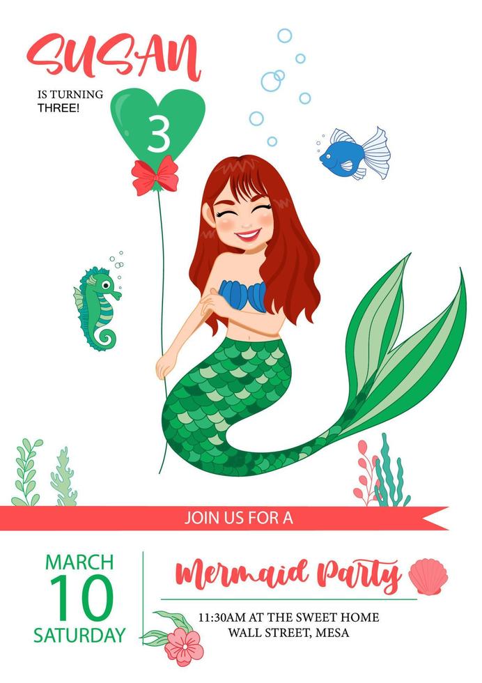 Plantilla de tarjeta de invitación de fiesta de cumpleaños para niños con linda sirenita y vector de vida marina