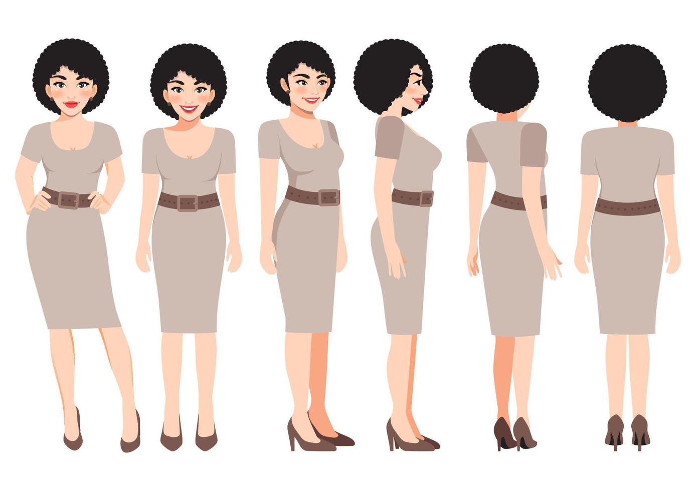 Cartoon character with business woman in khaki color dress for animation. Front, side, back, 3-4 view character. Flat vector illustration