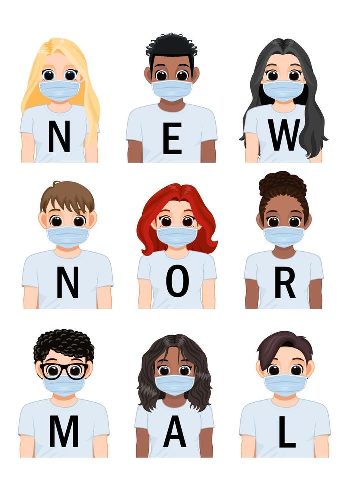 nuevas letras normales sobre fondo de camisa blanca y diversos niños y niñas con máscara médica, después de la ilustración de vector de estilo de vida del brote del virus corona