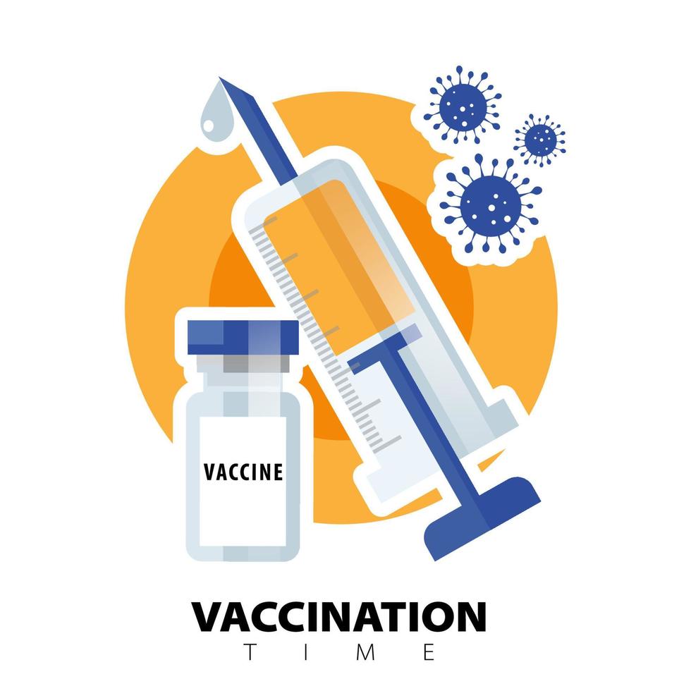 Vaccination concept. Covid-19 coronavirus vaccine. Syringe and vaccine vial flat icons. Treatment for coronavirus covid-19. Time to vaccinated. Isolated vector illustration