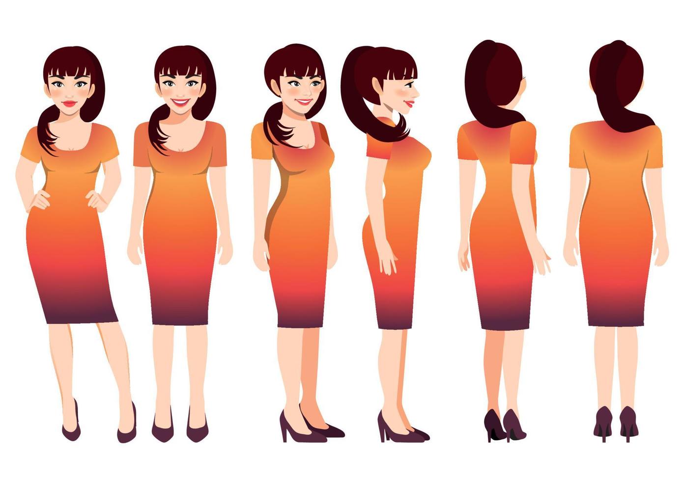 Cartoon character with business woman in sunset gradient color dress for animation. Front, side, back, 3-4 view character. Flat vector illustration