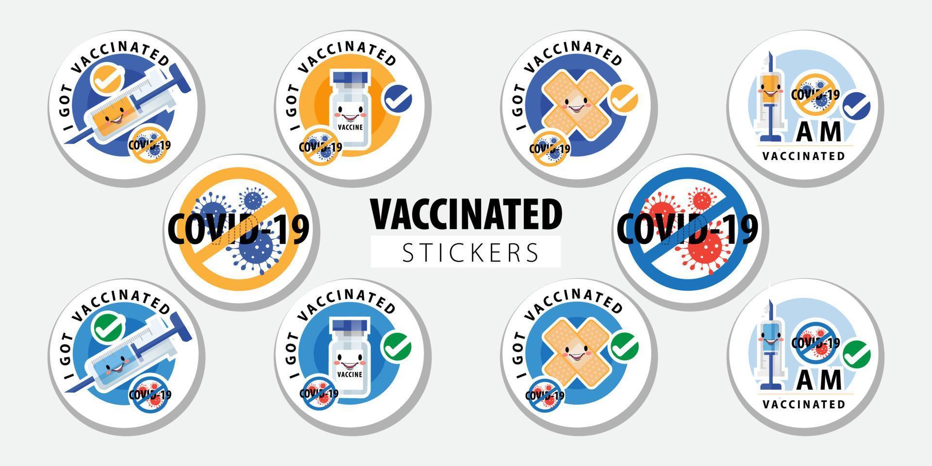 pegatina vacunado o insignias redondas de vacunación con una cita: me vacuné contra el covid 19, estoy vacunado contra el covid-19. Etiquetas engomadas de la vacuna del coronavirus con la ilustración del vector del yeso médico