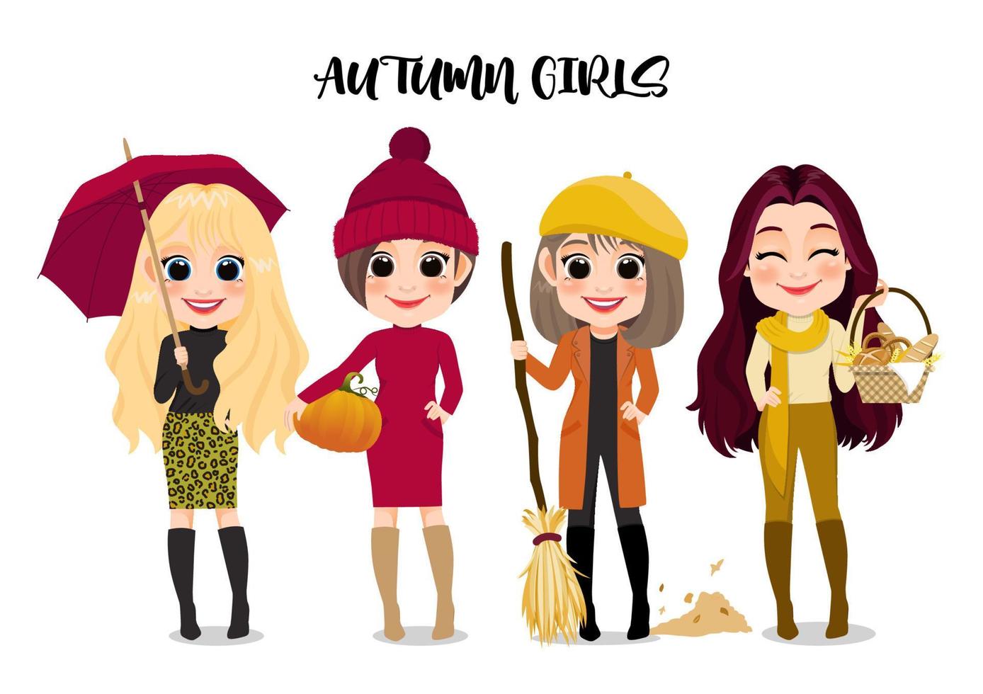Autumn girl group cartoon character outdoor activities cartoon on white background vector illustration