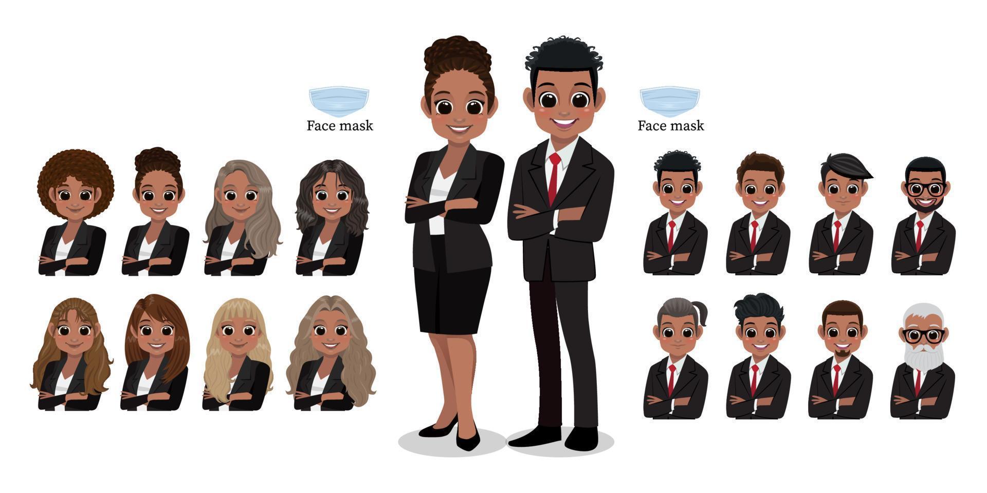 American African cartoon character female and male business people smiling. Hairstyle Collection, vector illustration