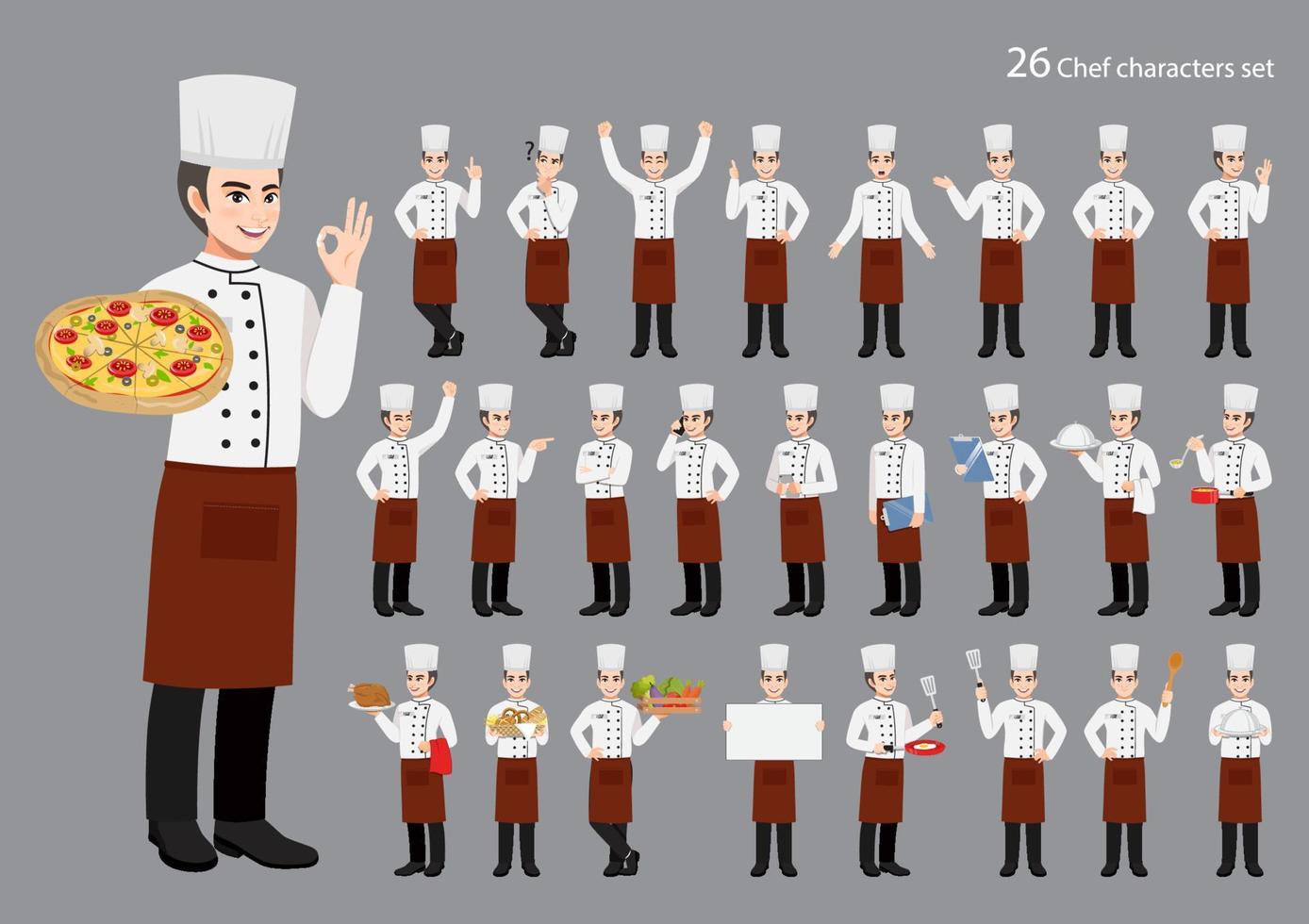 Conjunto de diseño de vector de personaje de trabajo de chef profesional, con diferentes poses personaje de dibujos animados de ilustración vectorial