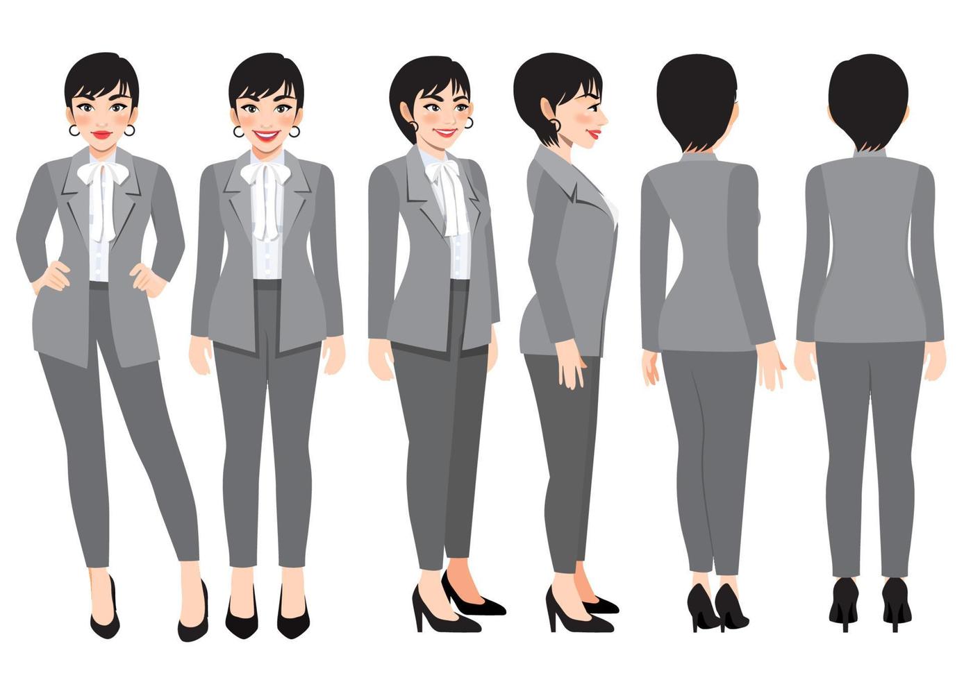 personaje de dibujos animados con mujer de negocios en traje gris elegante para animación. Carácter de vista frontal, lateral, posterior, 3-4. ilustración vectorial plana vector