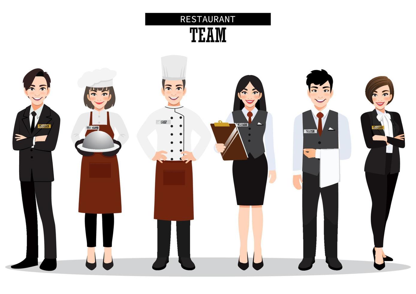 grupo de equipo de restaurante del hotel. personajes de servicio de catering parados juntos en uniforme. banner del sitio web del personal de servicio de alimentos. vector