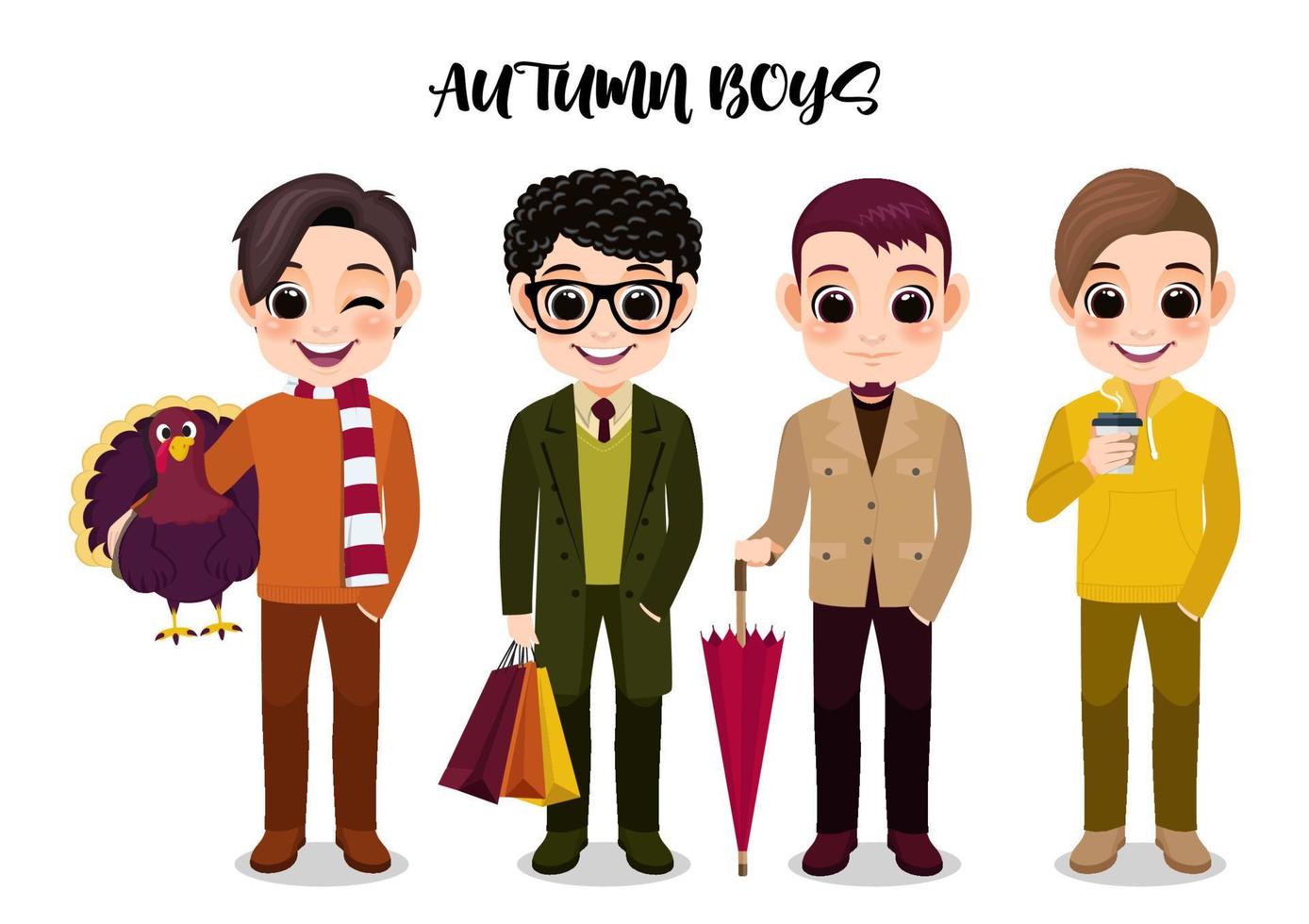 Autumn boy group cartoon character outdoor activities cartoon on white background vector illustration