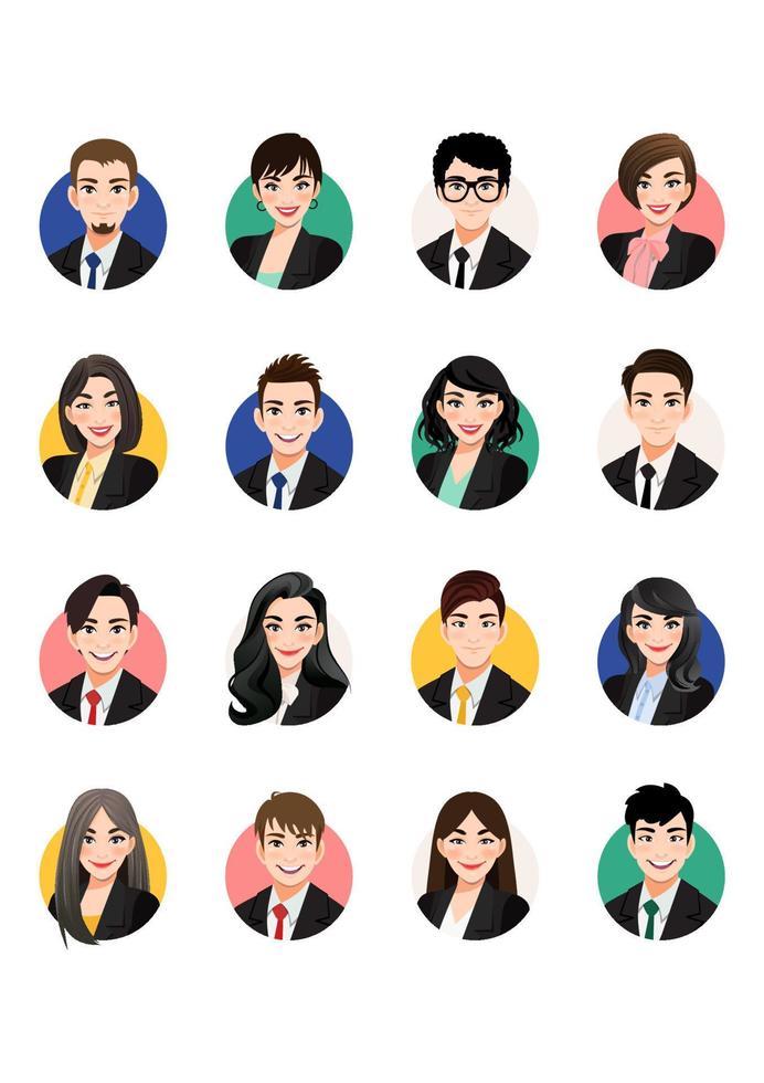 Big bundle of business people avatars. Set of male and female portraits. Men and women avatar characters. User pic, face icons for representing person in a video game, Internet forum, account. Vector