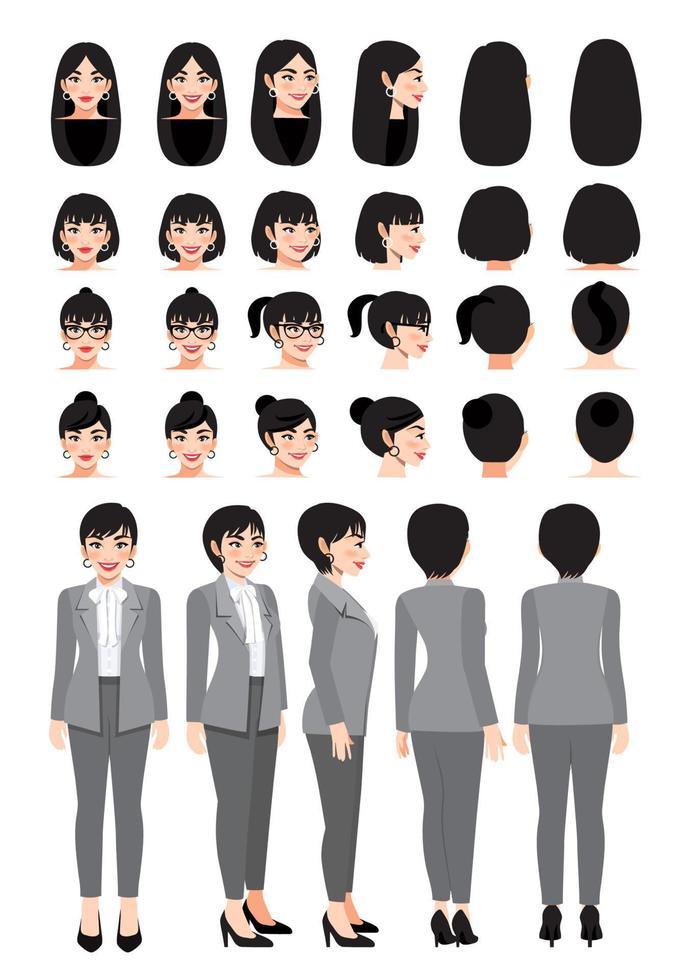 Personaje de dibujos animados de mujer de negocios en traje gris elegante y peinado diferente para la colección de vectores de diseño de animación