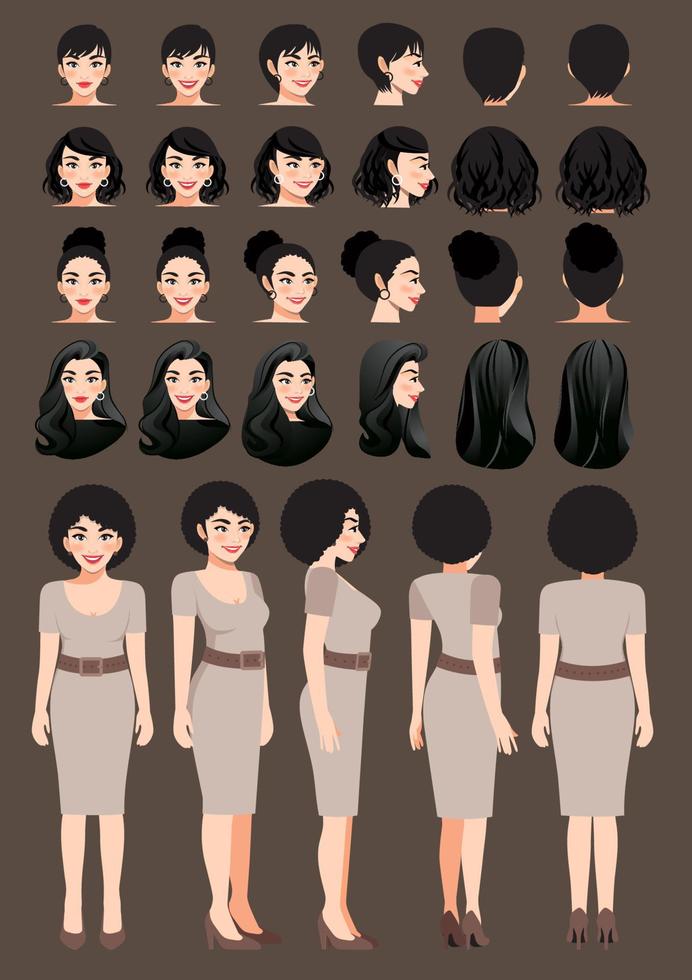 Business woman cartoon character in khaki color dress and different hairstyle for animation design vector collection