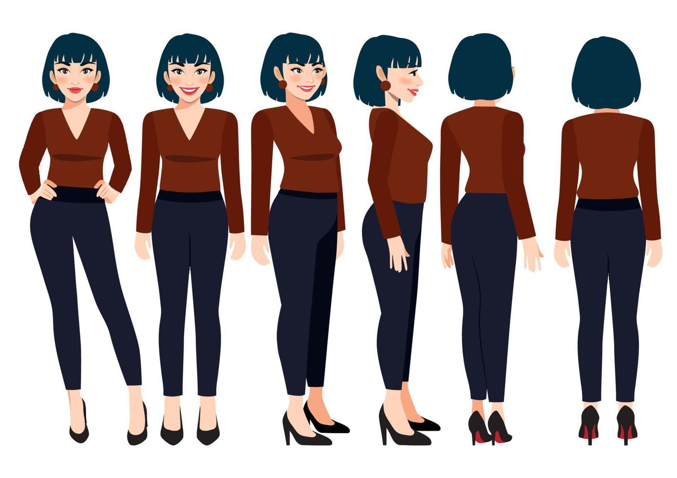 Cartoon character with business woman in casual wear for animation. Front, side, back, 3-4 view character. Flat vector illustration