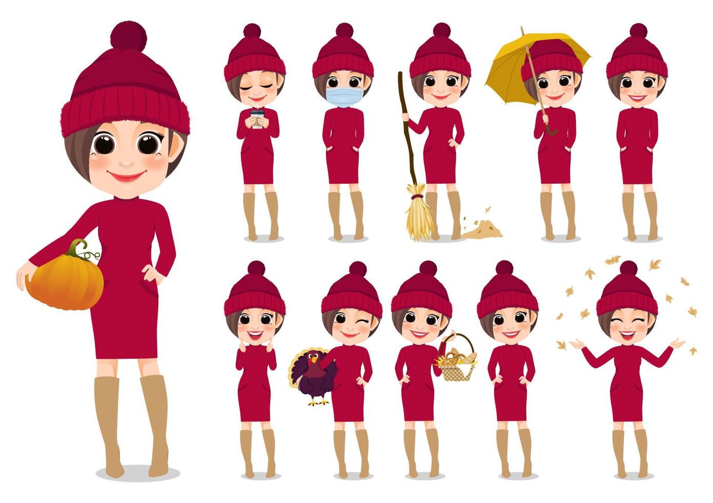 Collection of Autumn girl cartoon character outdoor activities with red sweater and knitted hat, isolated cartoon on white background vector illustration