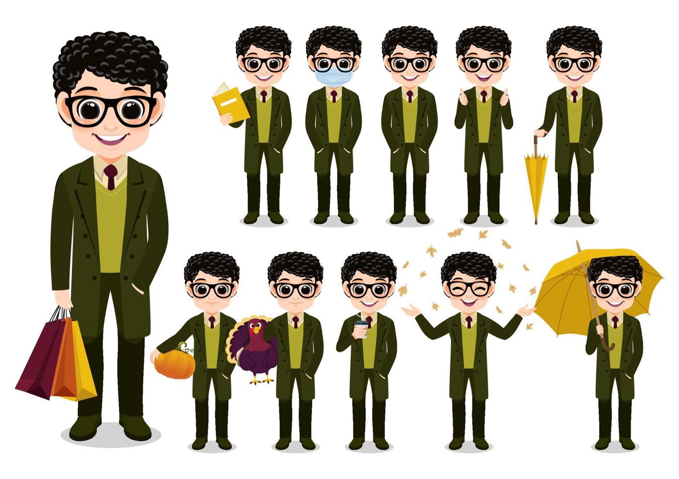 Collection of Autumn boy cartoon character outdoor activities with Green long coat , isolated cartoon on white background vector illustration
