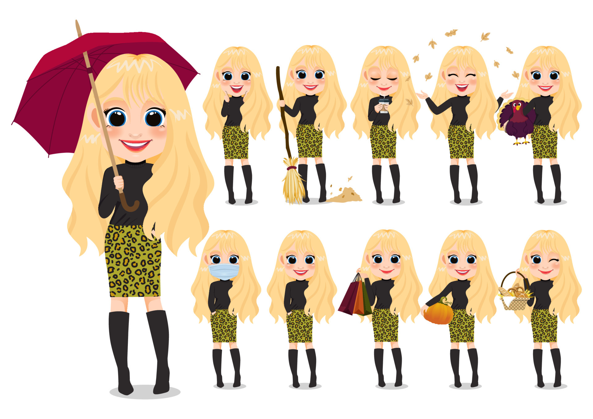 Collection of Autumn girl cartoon character outdoor activities with black  sweater and leopard pattern skirt , Honey blonde hair, isolated cartoon on  white background vector illustration 4604228 Vector Art at Vecteezy