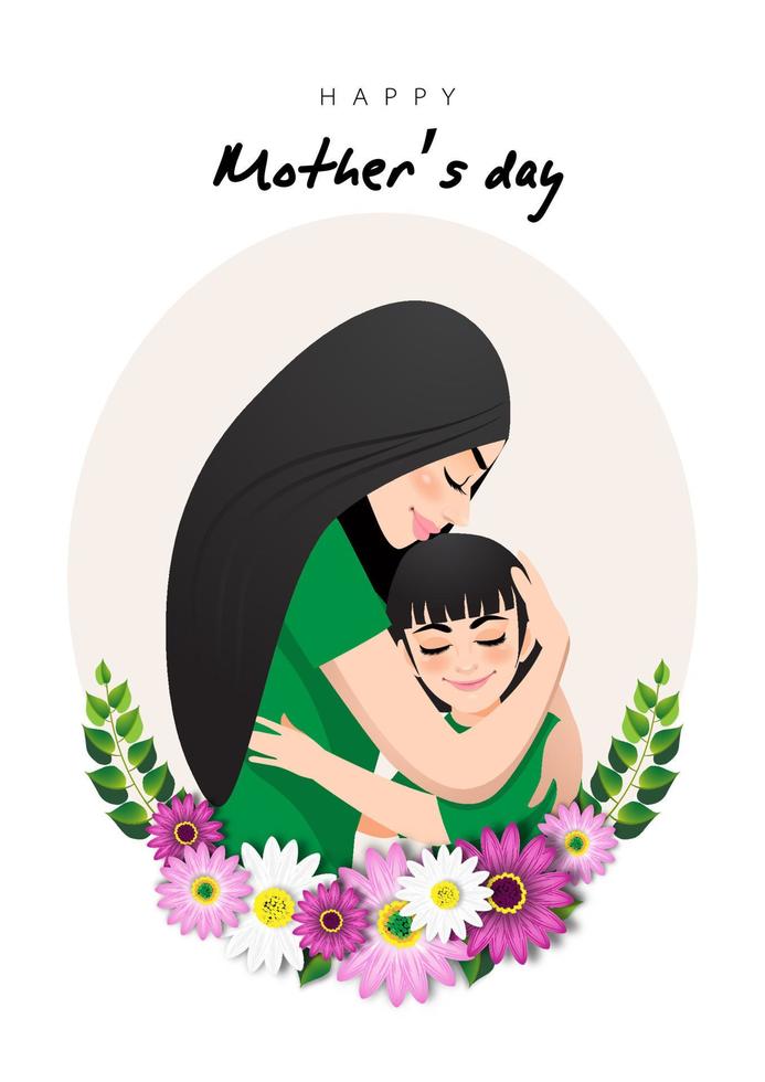 personaje de dibujos animados con mamá e hija abrazan en corona de flores.  fondo del día de la madre. diseño aislado sobre fondo blanco. ilustración  vectorial 4604229 Vector en Vecteezy