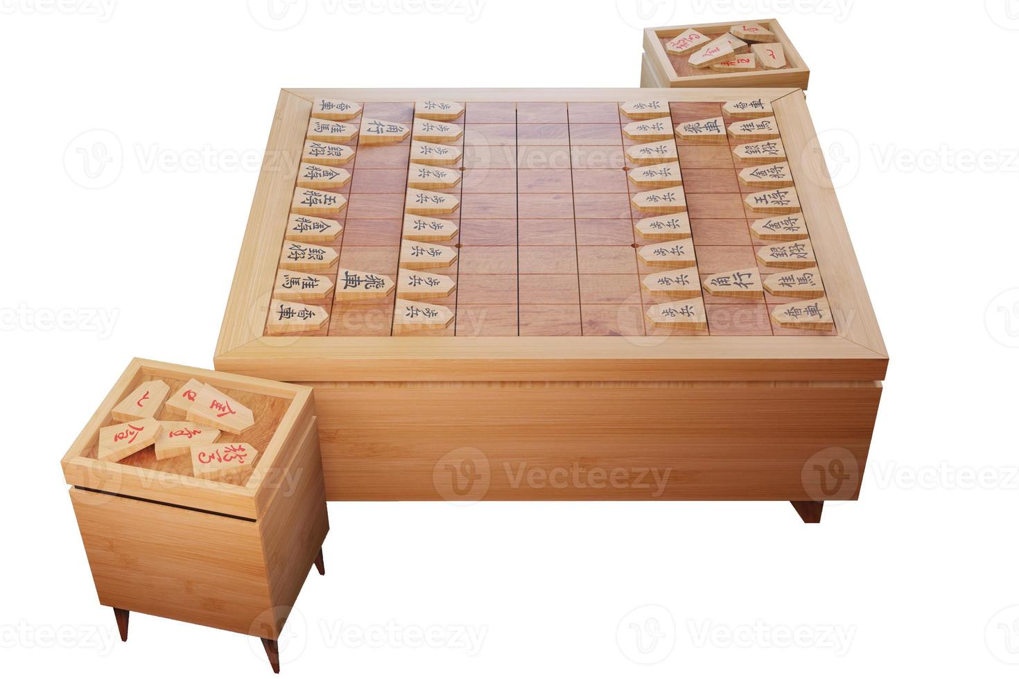 The Japanese chess isolated white background, Word that is written in the piece is rook,gold generals,knights,lances,pawns,king,bishop,silver generals 3D rendering photo
