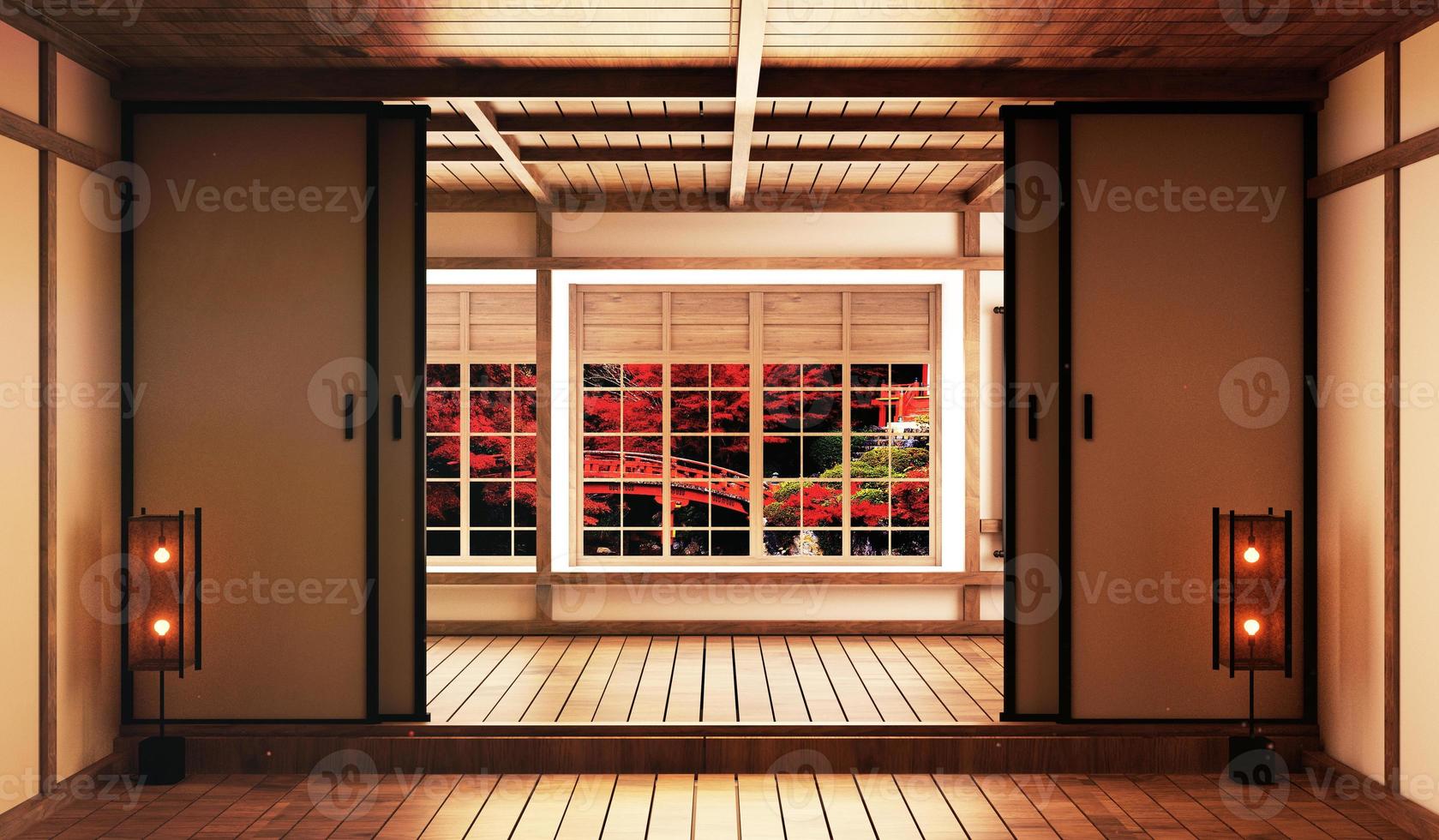 Beautiful empty room with decoration japanese style and view forest japan. 3D rendering photo