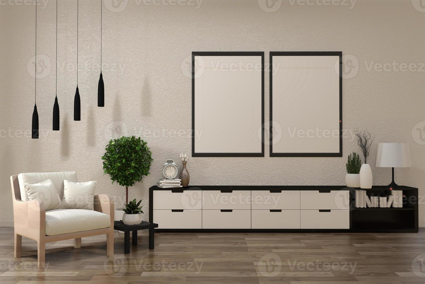 Minimalist modern zen living room with wood floor and decor japanese style.3d renderingMinimalist modern zen living room with wood floor and decor japanese style.3d rendering photo