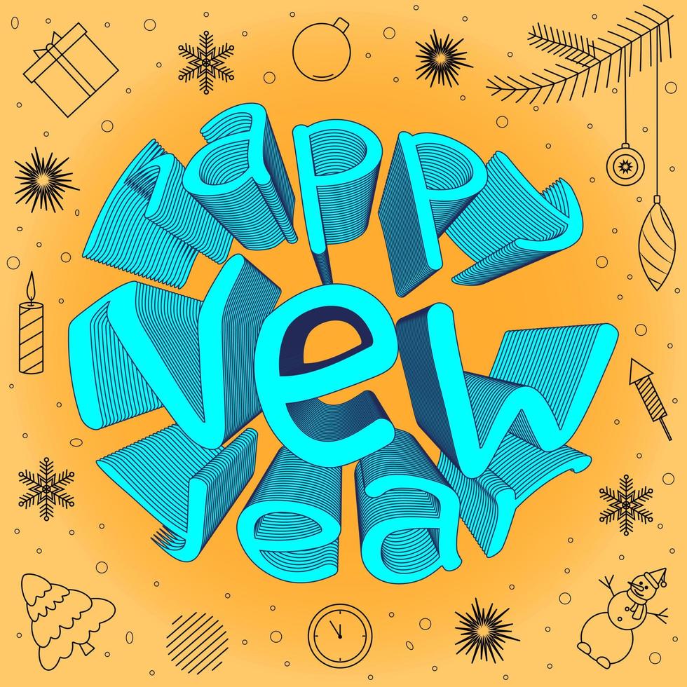 postcard patterns voluminous inscription happy new year 3d vector