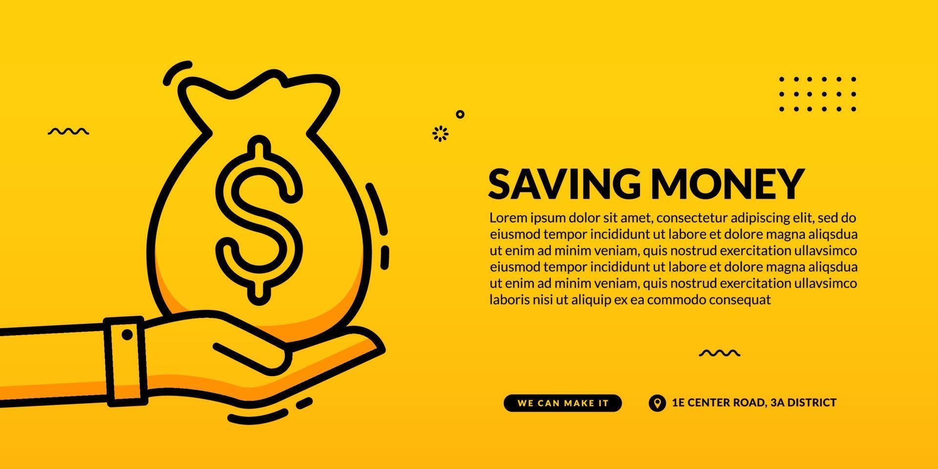 Hand hold money bag on yellow background, saving money concept vector