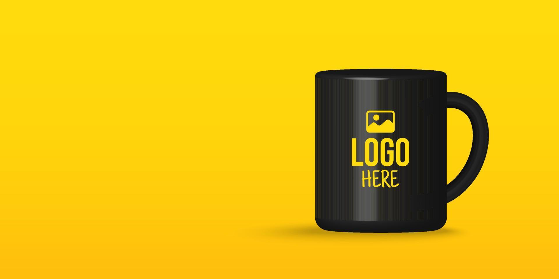 Realistic black tea or coffee cup mockup isolated on yellow background vector