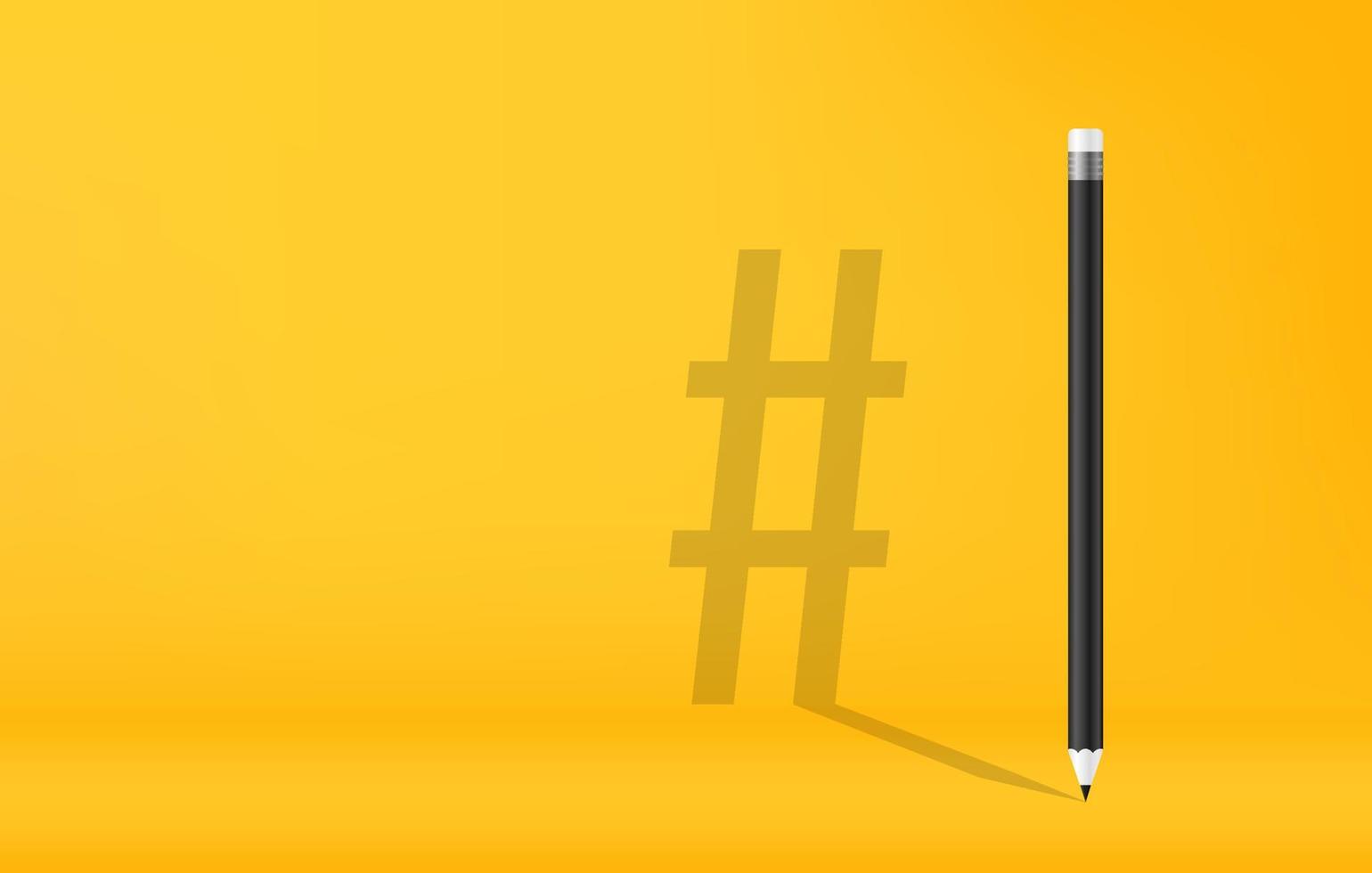Pencil with hashtag symbol shadow on yellow background vector