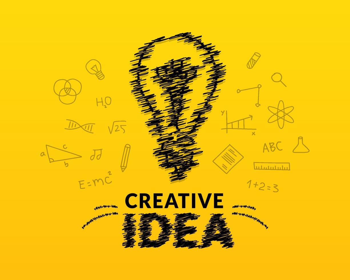 Creative ideas concept with doodle light bulb and typography lettering of idea on yellow background, inspiration, innovation, creativity vector